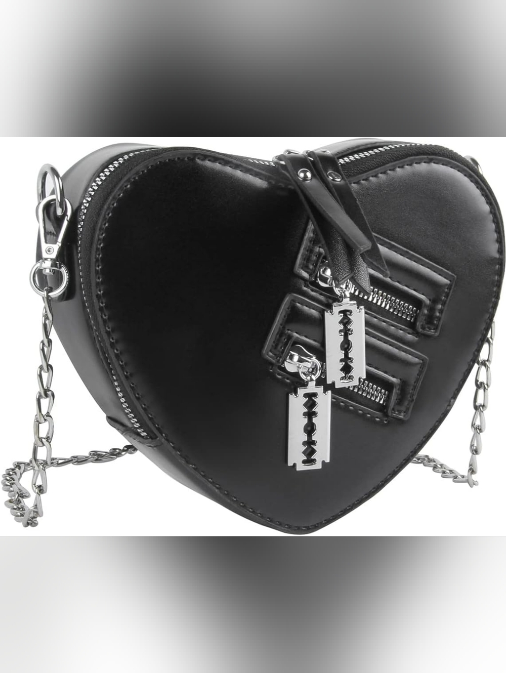 Heart-Shaped Black Crossbody Bag with Razor Charm